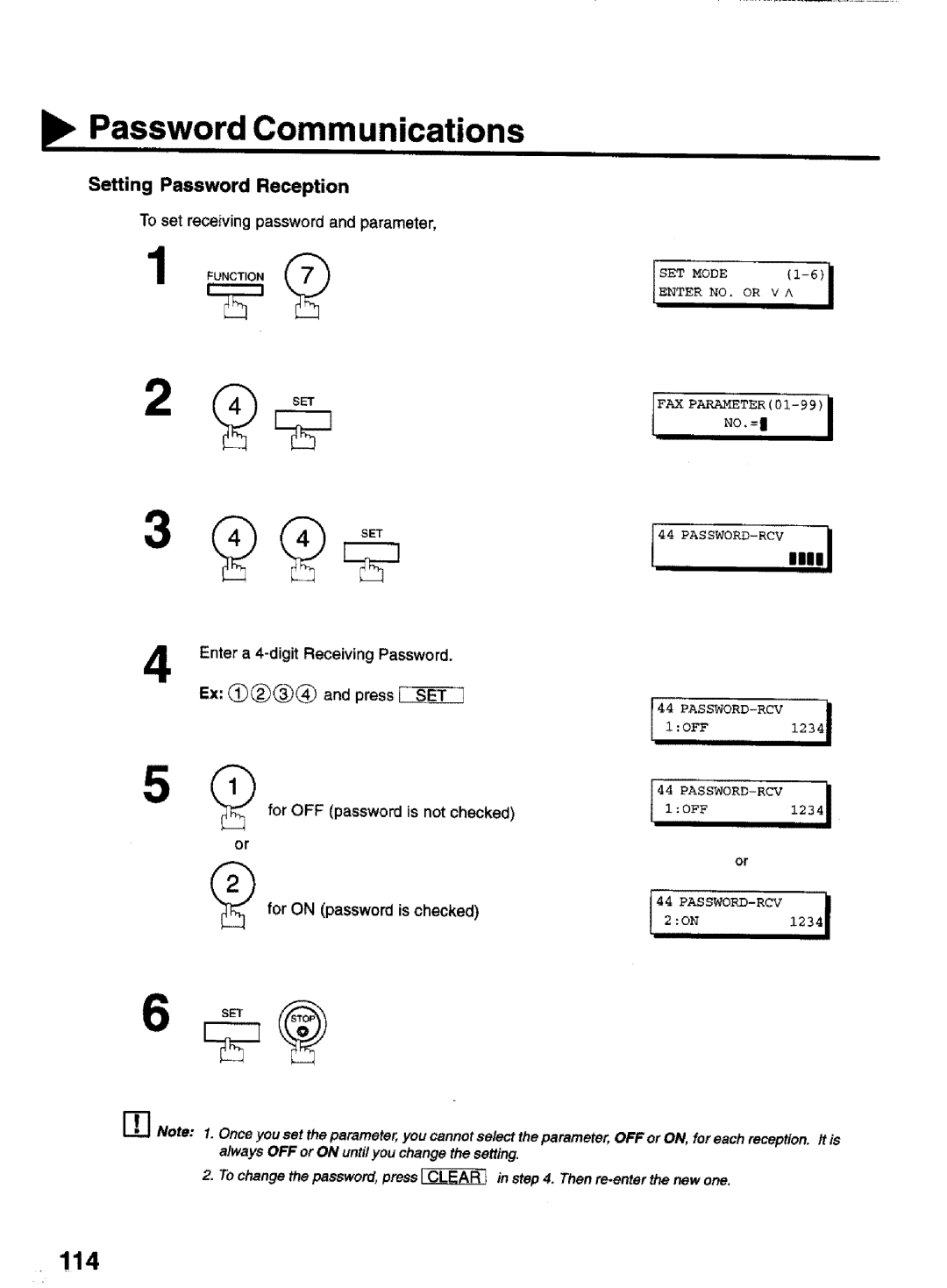 Panasonic UF-770 manual Password Communications, 114, Setting Password Reception 