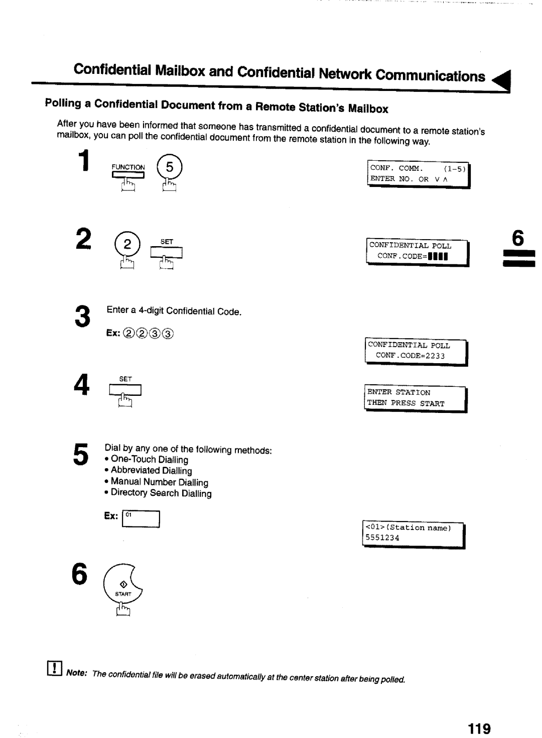 Panasonic UF-770 119, Enter a 4-digit Confidential Code, Confidentialpoll, CONF.CODE=2233 Enter Station Then Press Start I 