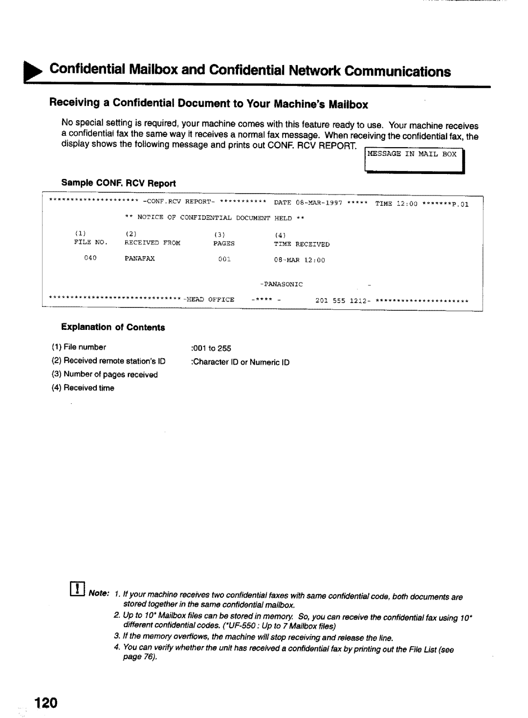 Panasonic UF-770 manual 120, Receiving a Confidential Document to Your Machines Mailbox 