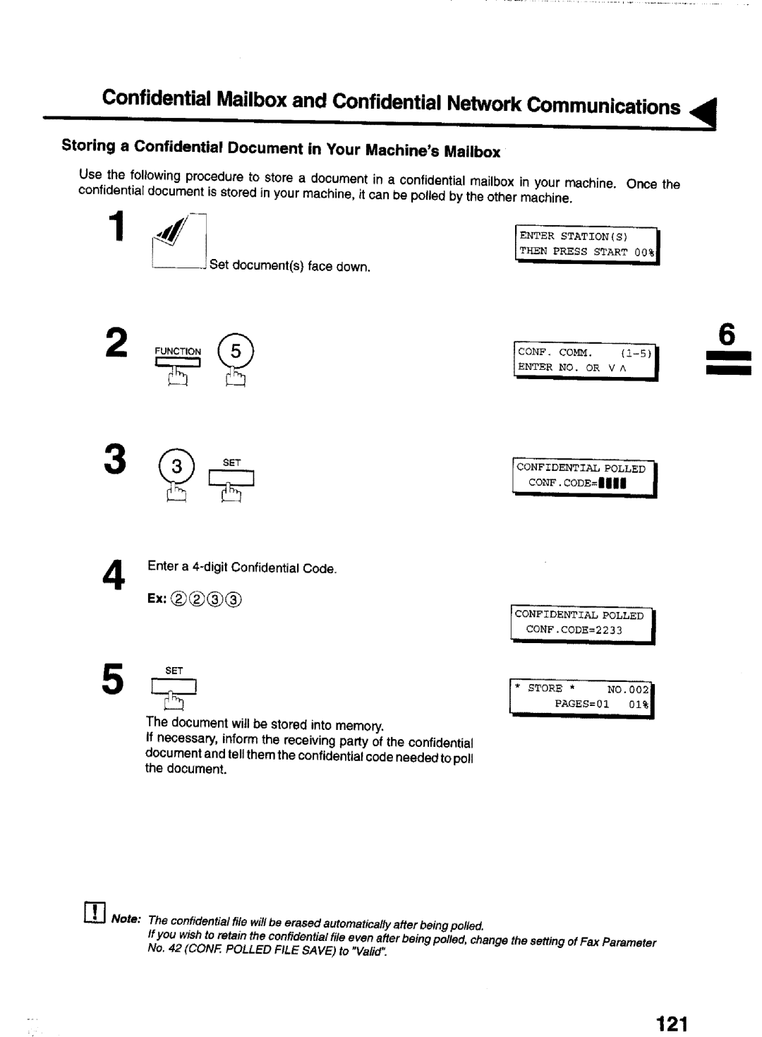 Panasonic UF-770 manual 121, Storing a Confidential Document in Your Machines Mailbox 