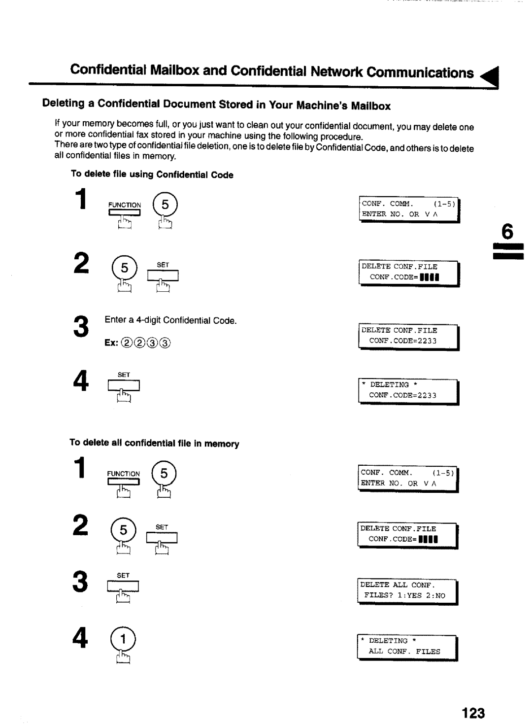 Panasonic UF-770 manual 123, To delete file using Confidential Code, To delete all confidential file in memory 