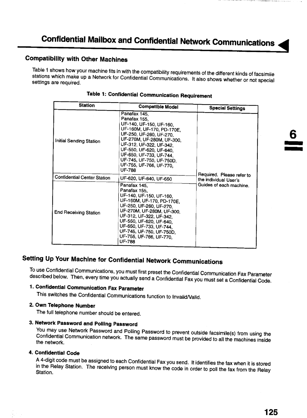 Panasonic UF-770 manual 125, Network Password and Polling Password, Confidential Code 