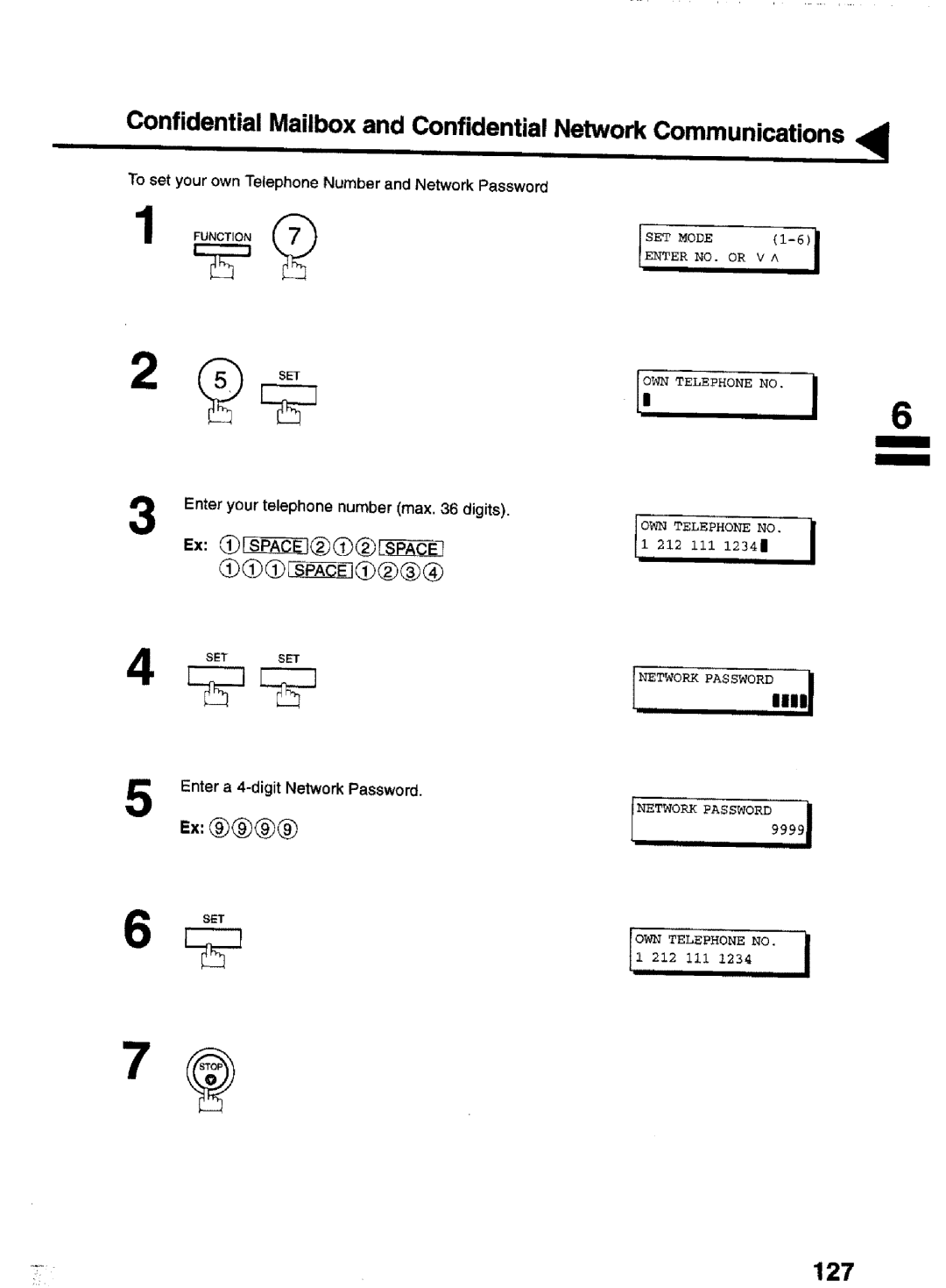 Panasonic UF-770 manual 127, To set your own Telephone Number and Network Password, Ienter NO.HOR, Inetworkpassword 