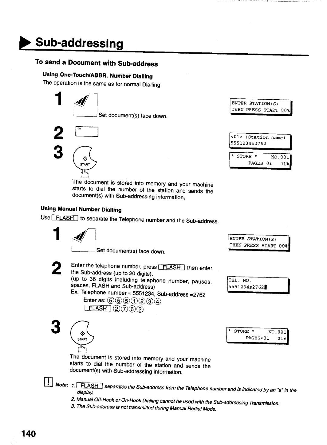 Panasonic UF-770 manual 140, To send a Document with Sub-address, Using One-TouclVABBR, Number Dialling, TEL. no 