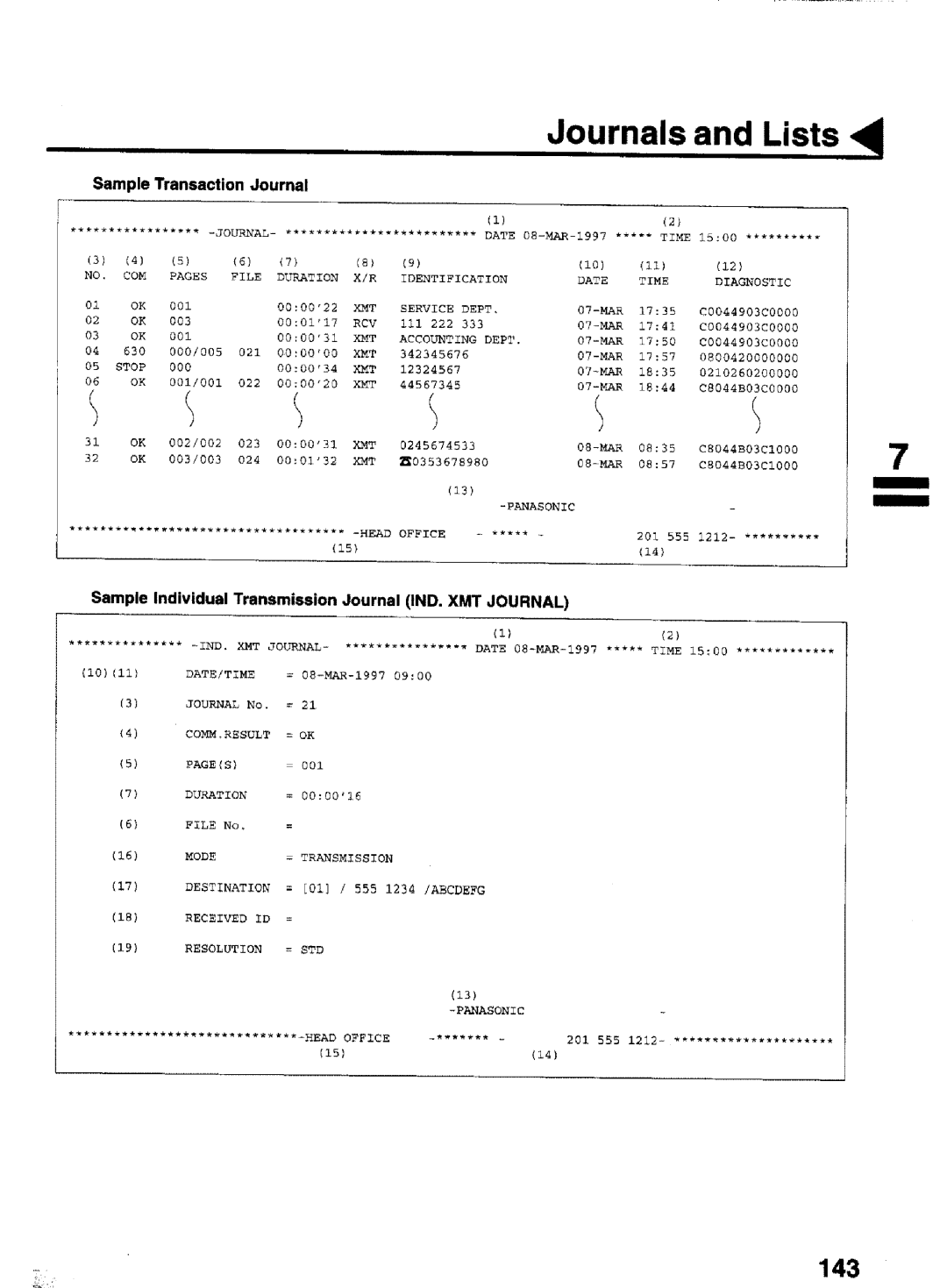 Panasonic UF-770 manual 143, Sample Individual Transmission Journal IND. XMT Journal 