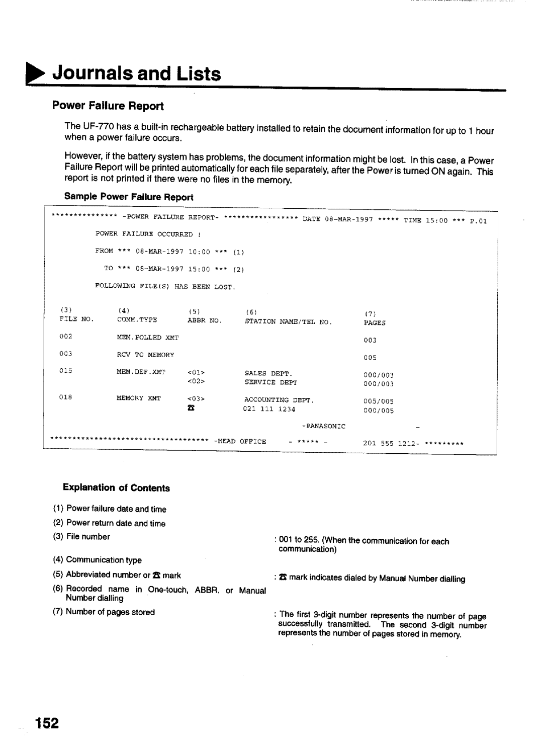 Panasonic UF-770 manual 152, Sample Power Failure Report, Communication 