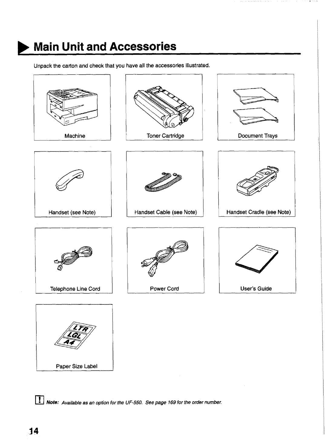 Panasonic UF-770 Main Unit and Accessories, Document Trays, Telephone Line Cord, Power Cord UsersGuide, Paper Size Label 