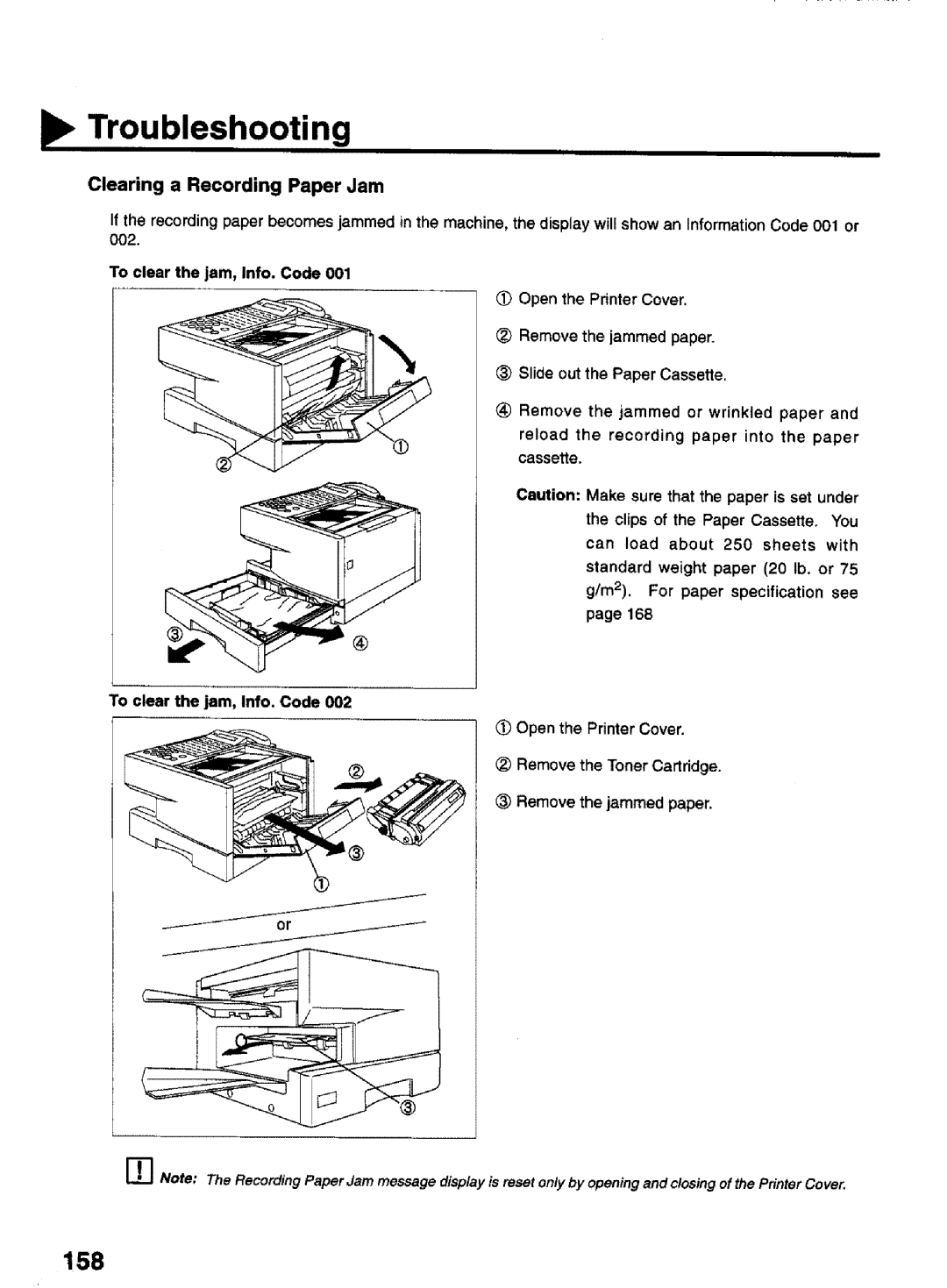 Panasonic UF-770 manual 158, Clearing a Recording Paper Jam, To clear the jam, Info. Code Open the Printer Cover 