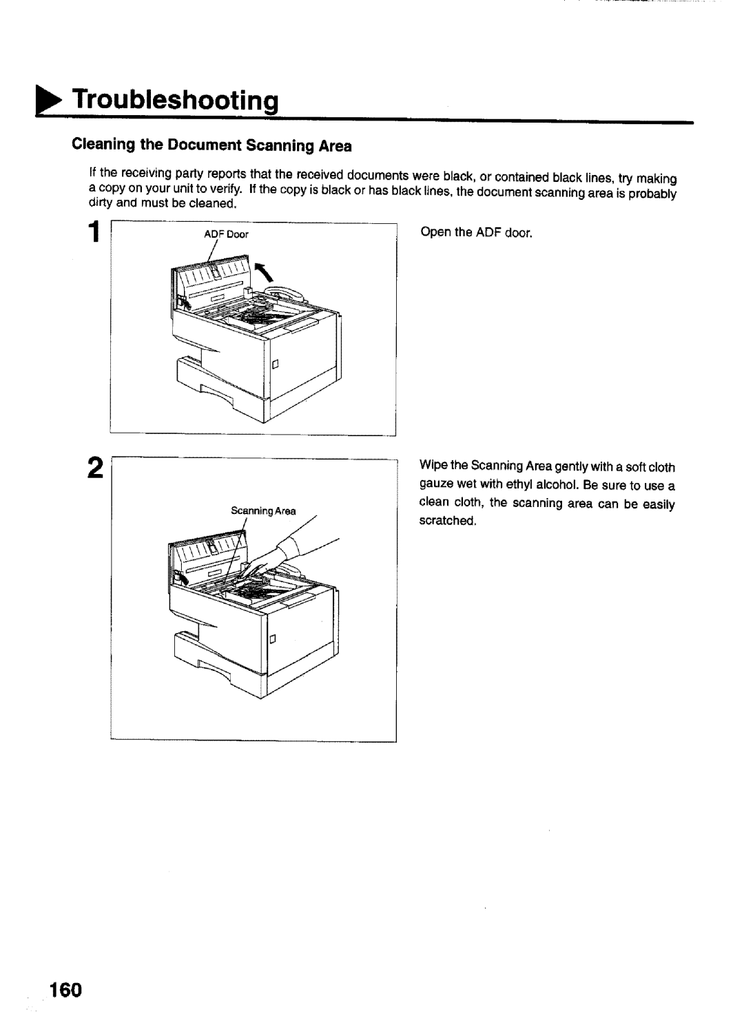 Panasonic UF-770 manual Cleaning the Document Scanning Area, Gauze wet with ethyl alcohol. Be sure to use a, Scratched 