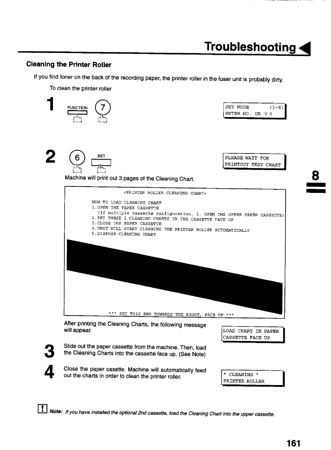 Panasonic UF-770 161, Cleaning the Printer Roller, Machine will print out 3 pages of the Cleaning Chart, Cassette Face UP 