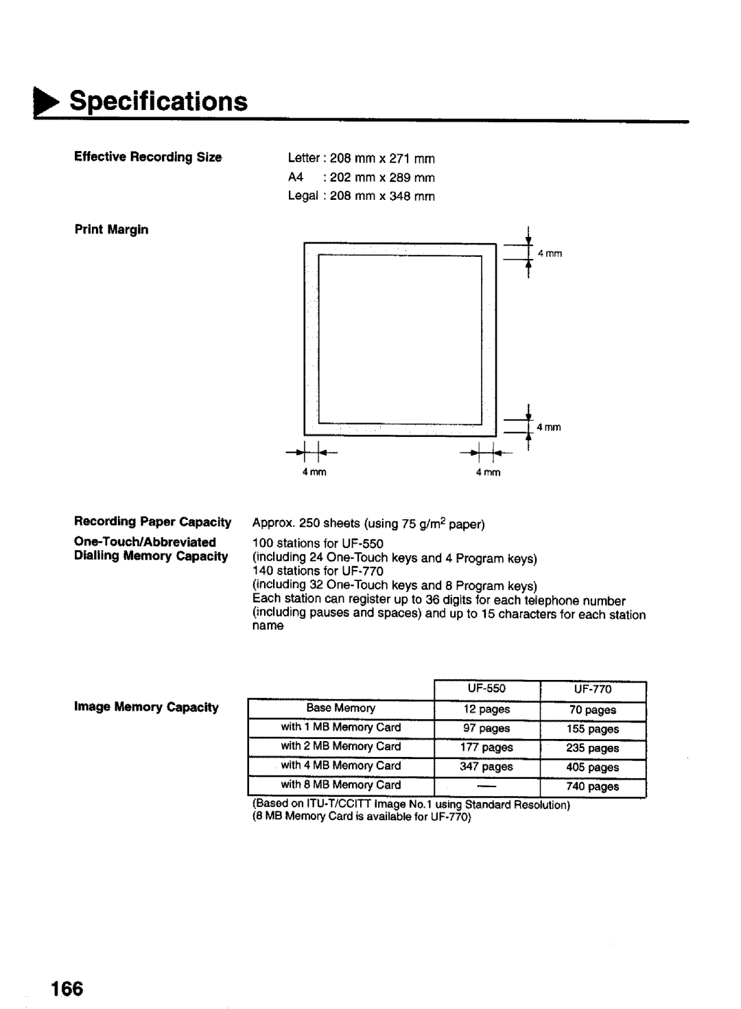 Panasonic UF-770 Specifications, 166, Effective Recording Size Print Margin, Stations for UF-550, Image Memory Capacity 