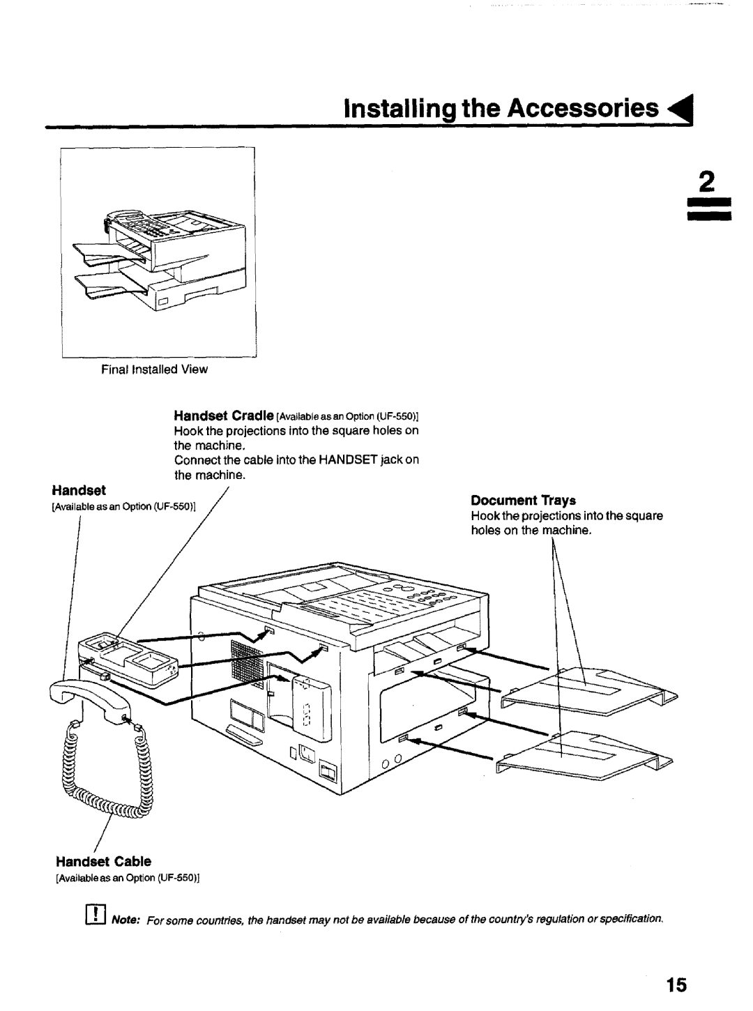 Panasonic UF-770 manual Installing, Accessories, Hook the projections into the square holes on the machine, Handset 