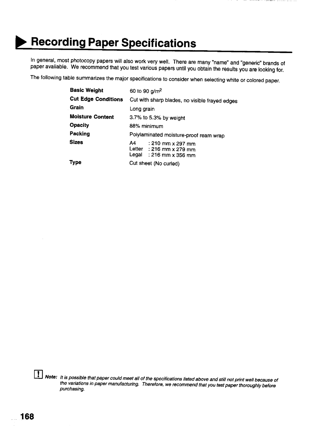 Panasonic UF-770 manual Recording Paper Specifications 