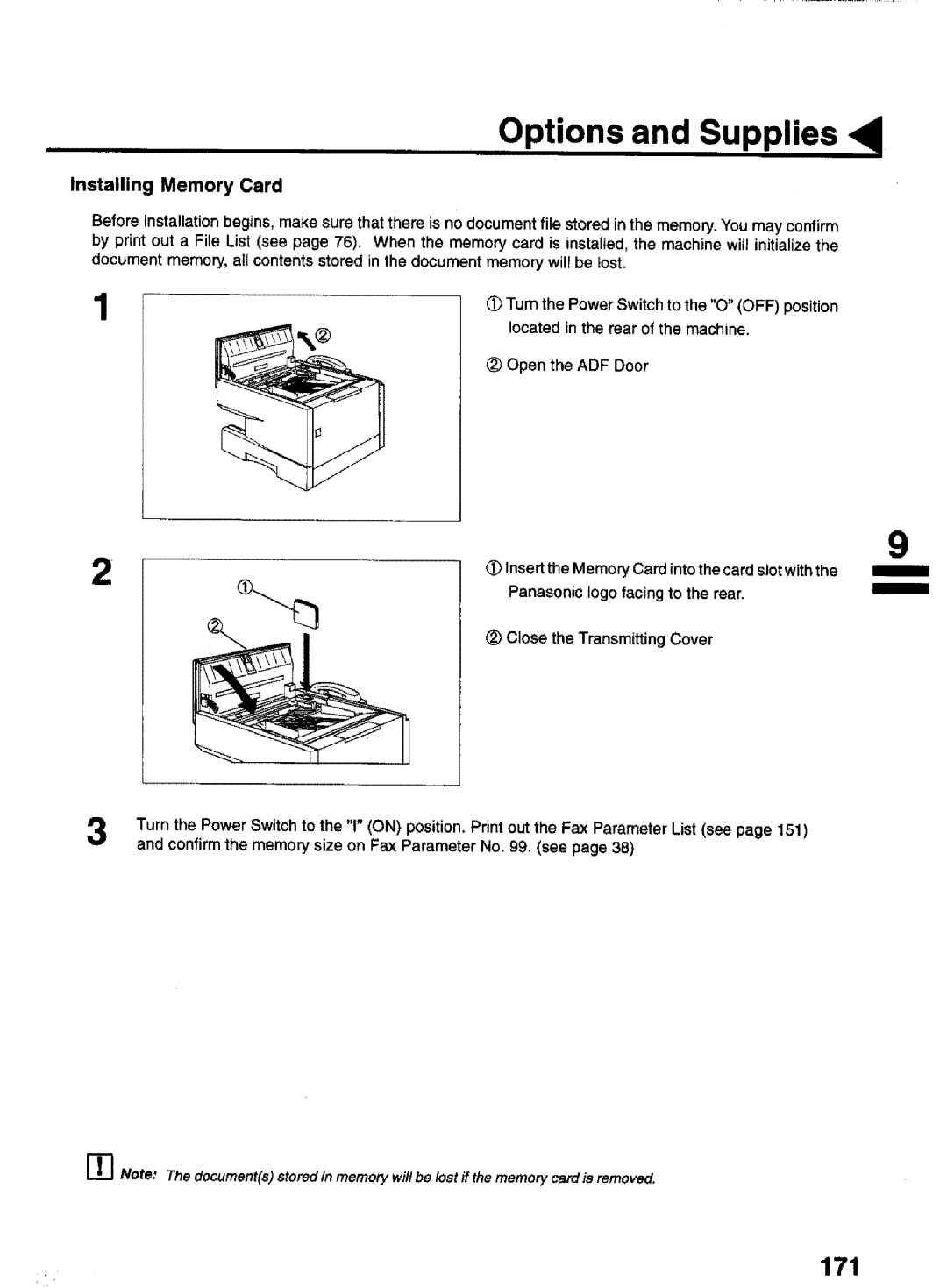 Panasonic UF-770 manual 171, Installing Memory Card 