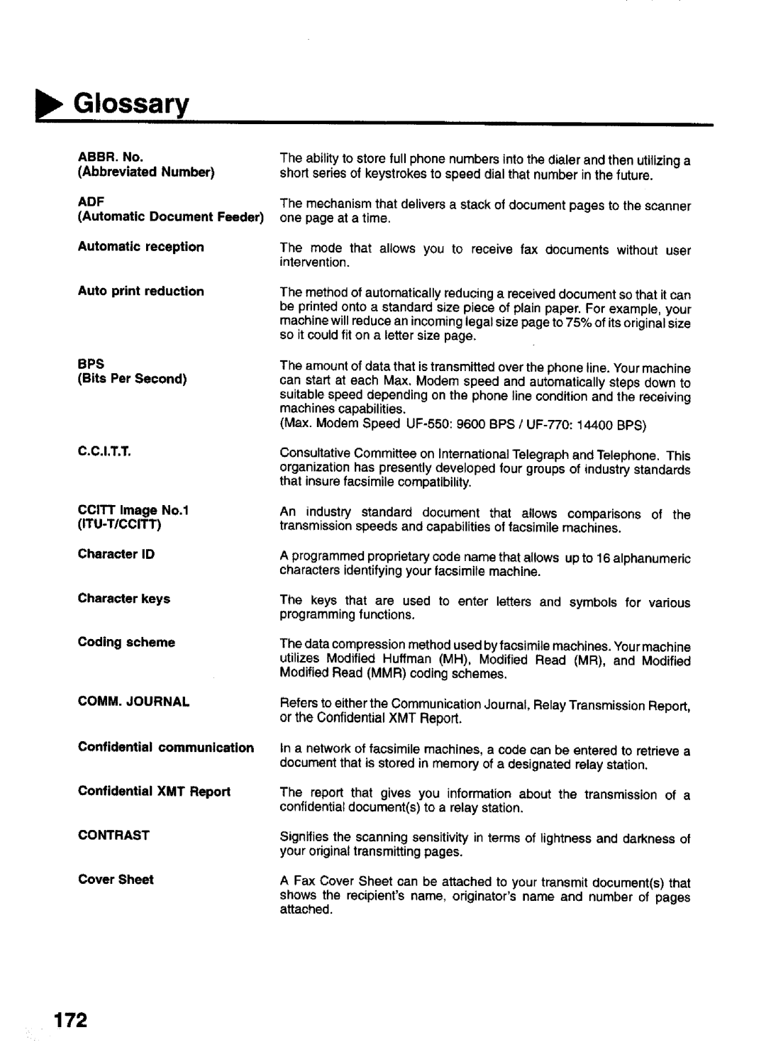 Panasonic UF-770 manual Glossary, 172 