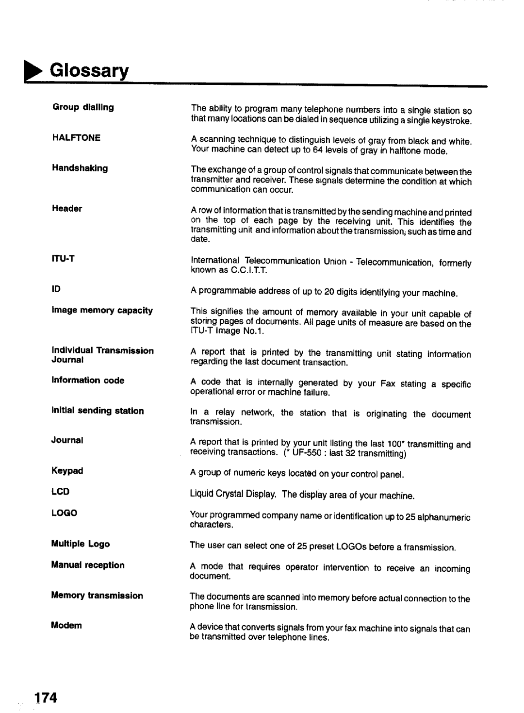 Panasonic UF-770 manual 174, Handshaking Header, Multiple Logo Manual reception Memory transmission Modem 