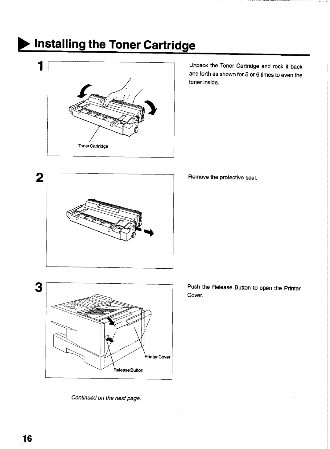 Panasonic UF-770 manual II Installing the Toner Cartridge, Unpack the Toner Cartridge and rock it back, Toner inside 