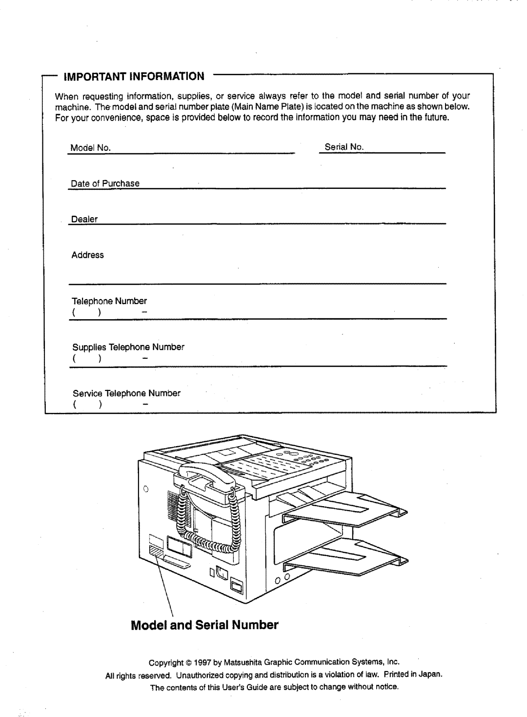 Panasonic UF-770 manual Model and Serial Number, Important Information, Address Telephone Number 