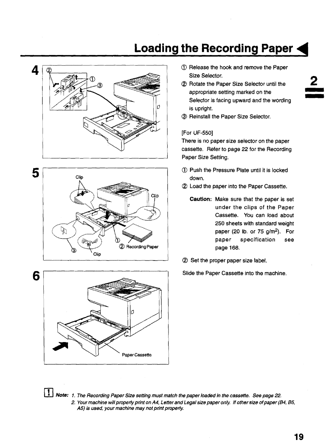 Panasonic UF-770 manual Loading the Recording Paper, Release the hook and remove the Paper Size Selector 