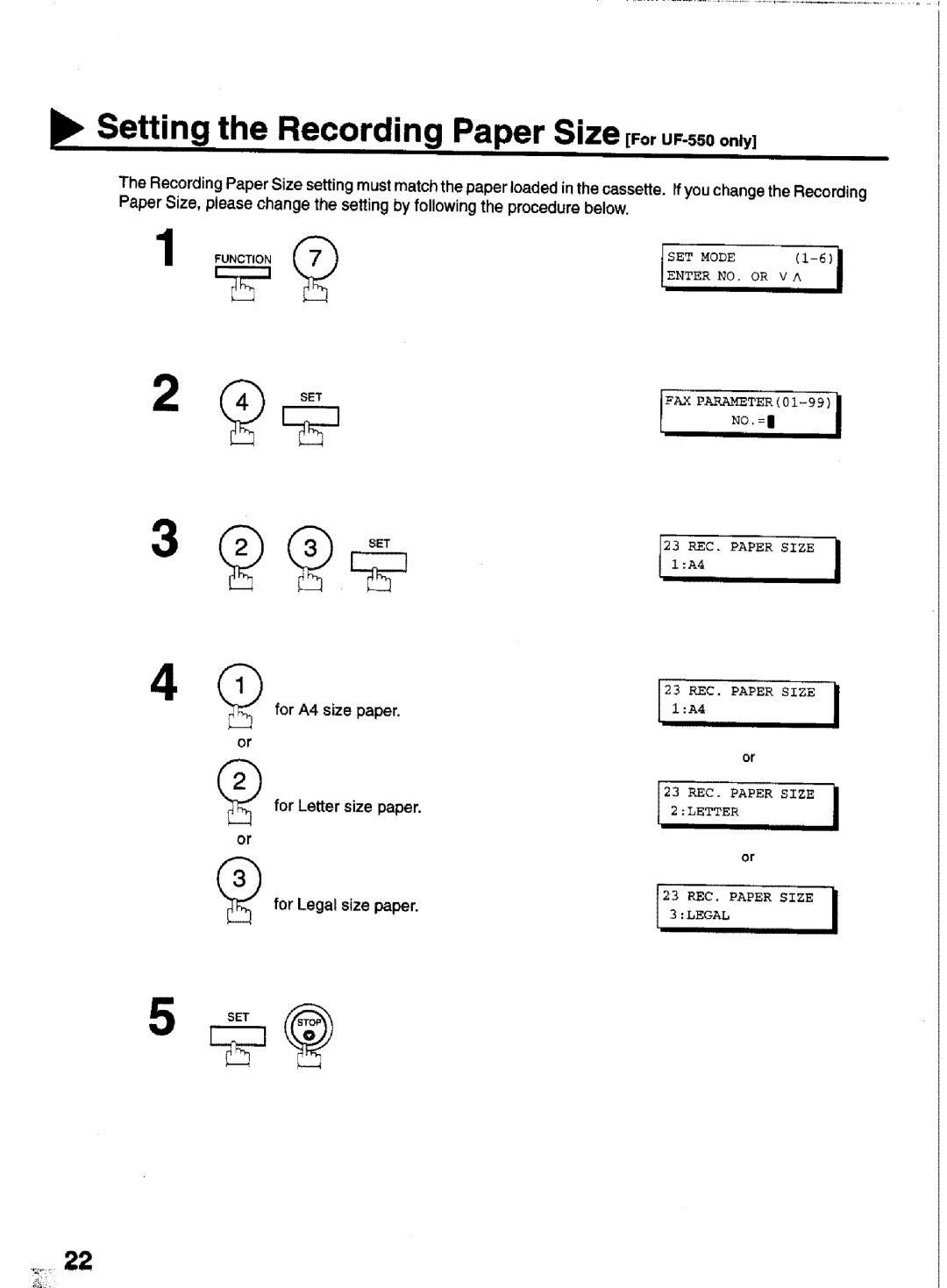 Panasonic UF-770 manual Setting the Recording Paper Size For UFo550 only, Enter NO. or, Pakameter, REC. Paper Size 