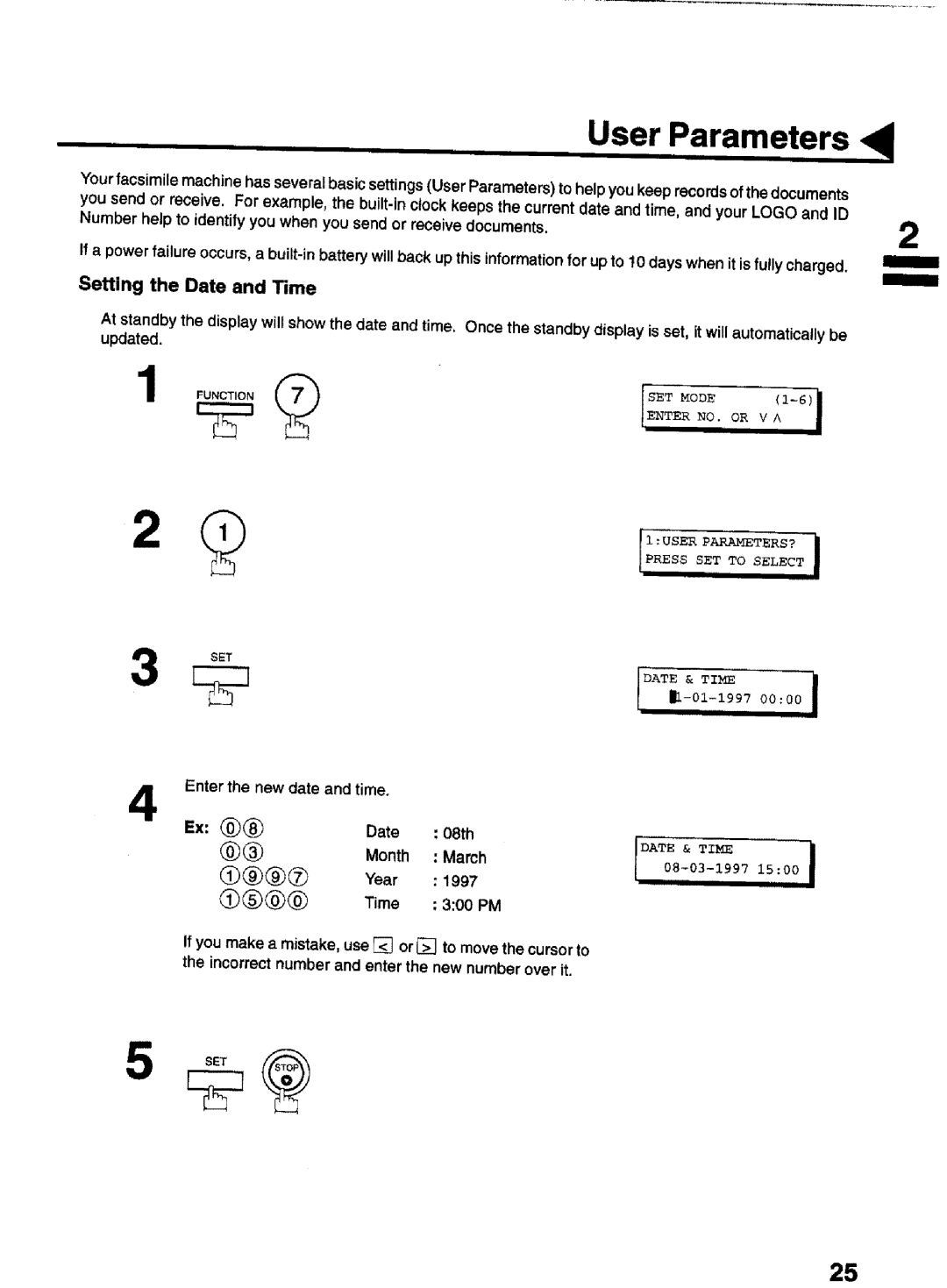 Panasonic UF-770 manual User Parameters, Setting the Date and Time, Month March, 300 PM, Date & Time 