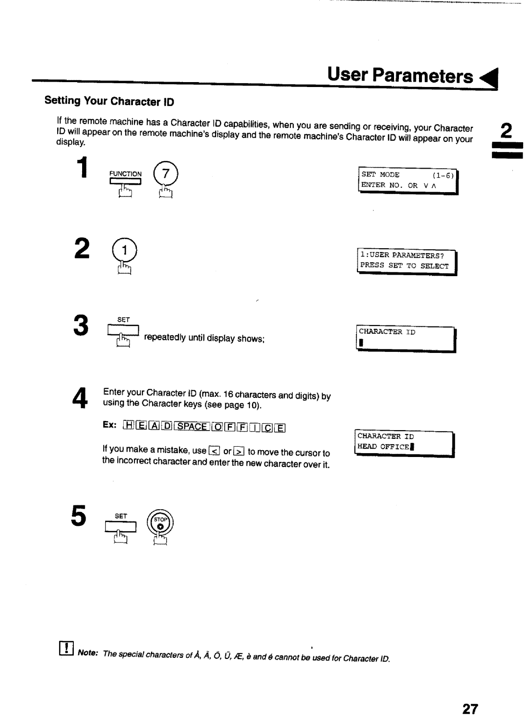 Panasonic UF-770 manual Setting Your Character ID, Display 