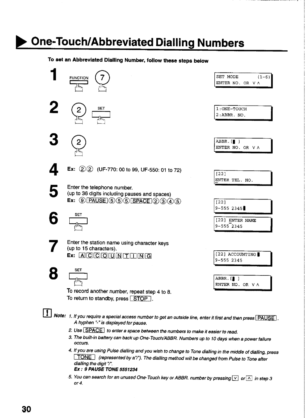 Panasonic UF-770 manual One-Touch/Abbreviated Dialling Numbers, Setmode 