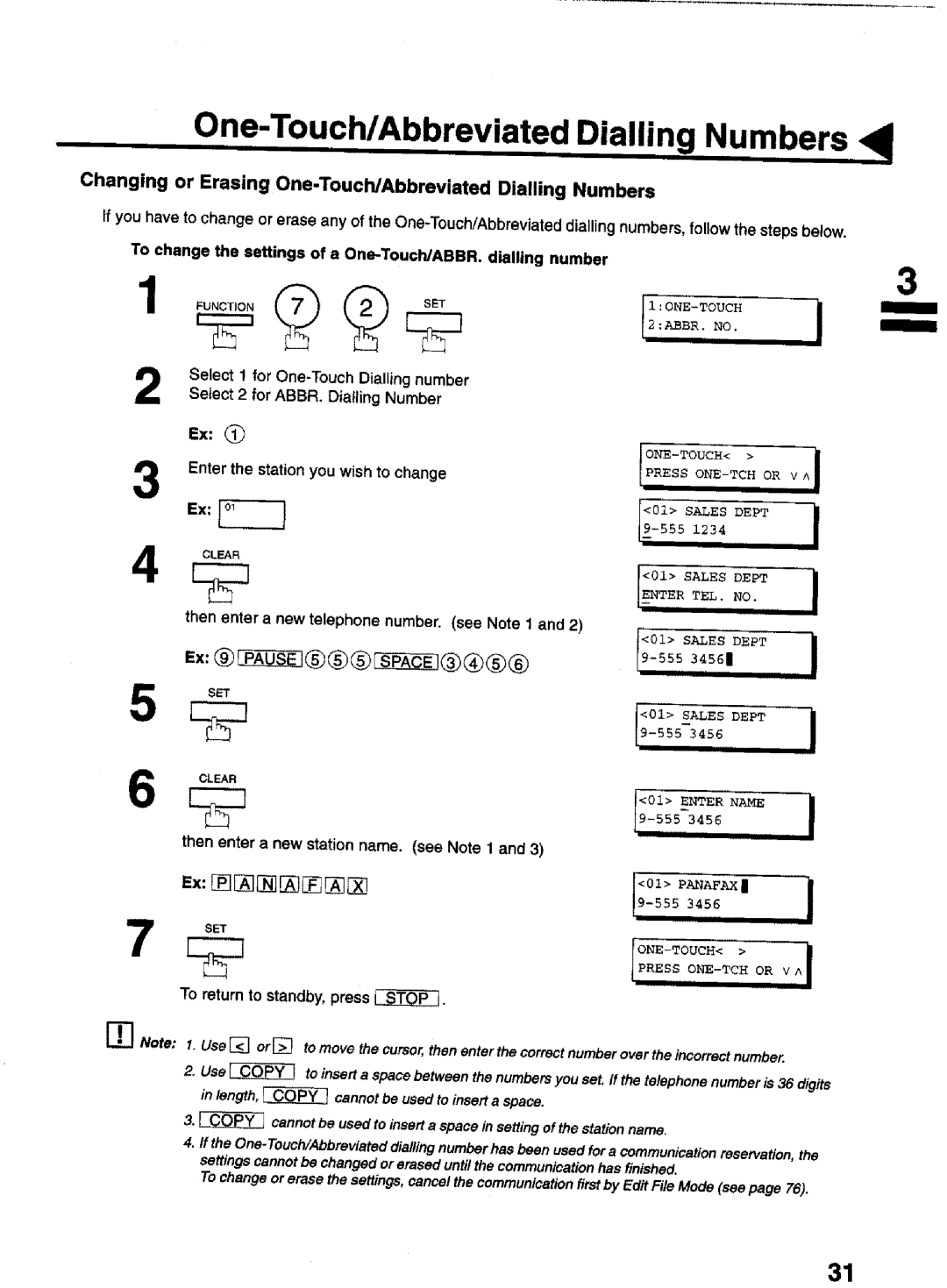 Panasonic UF-770 manual Changing or Erasing One-Touch/Abbreviated Dialling Numbers, Select One-Touch Dialling number 