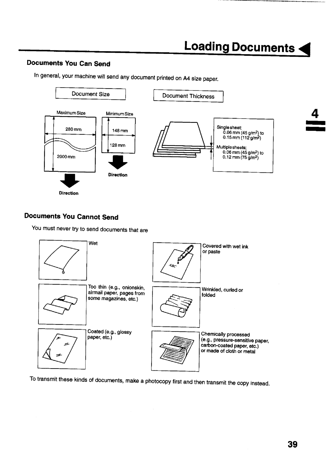 Panasonic UF-770 manual Loading Documents ,I, Documents You Can Send, Documents You Cannot Send, Document Thickness 