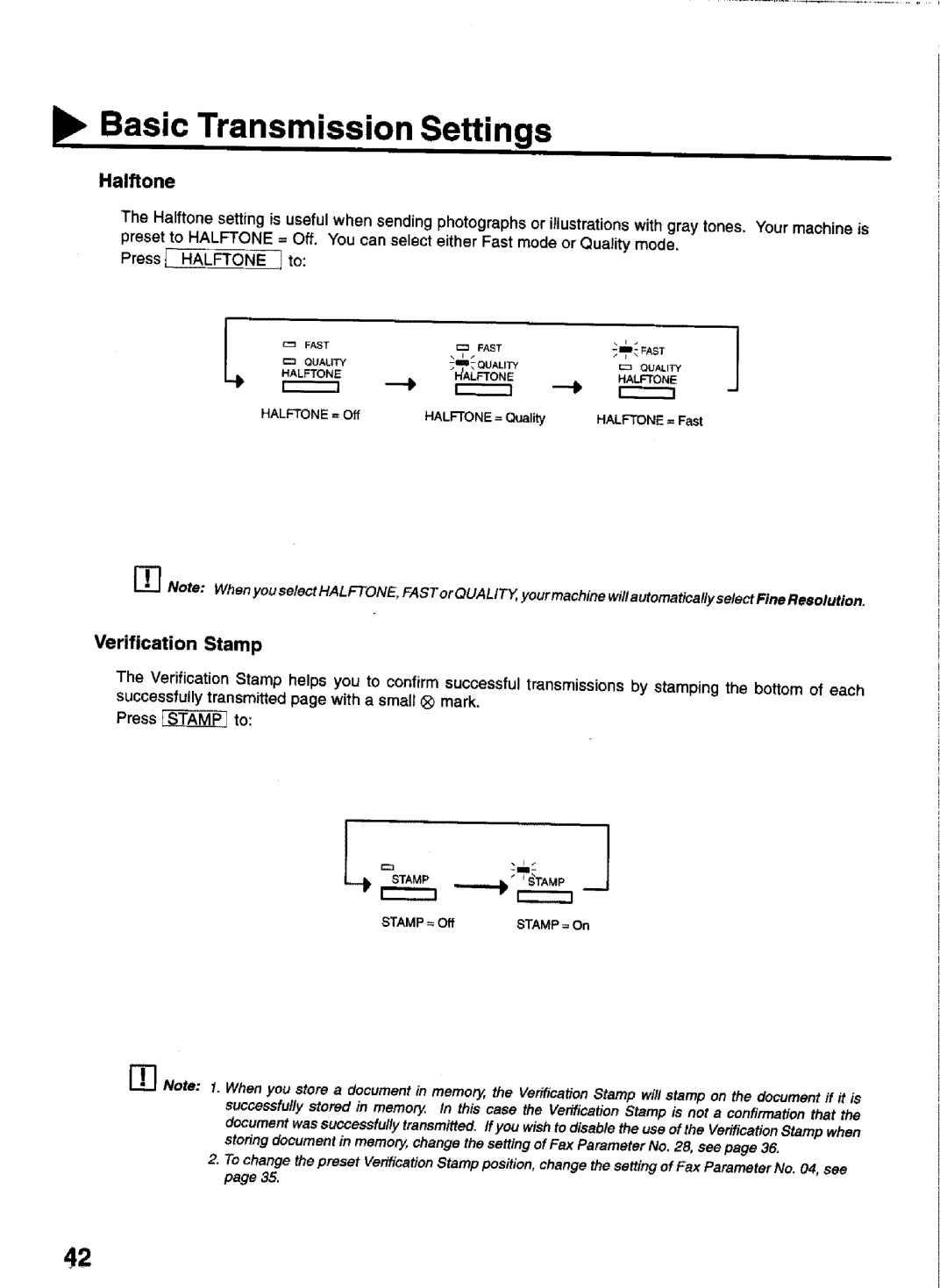 Panasonic UF-770 manual Basic Transmission Settings, Halftone, Verification Stamp, Press 