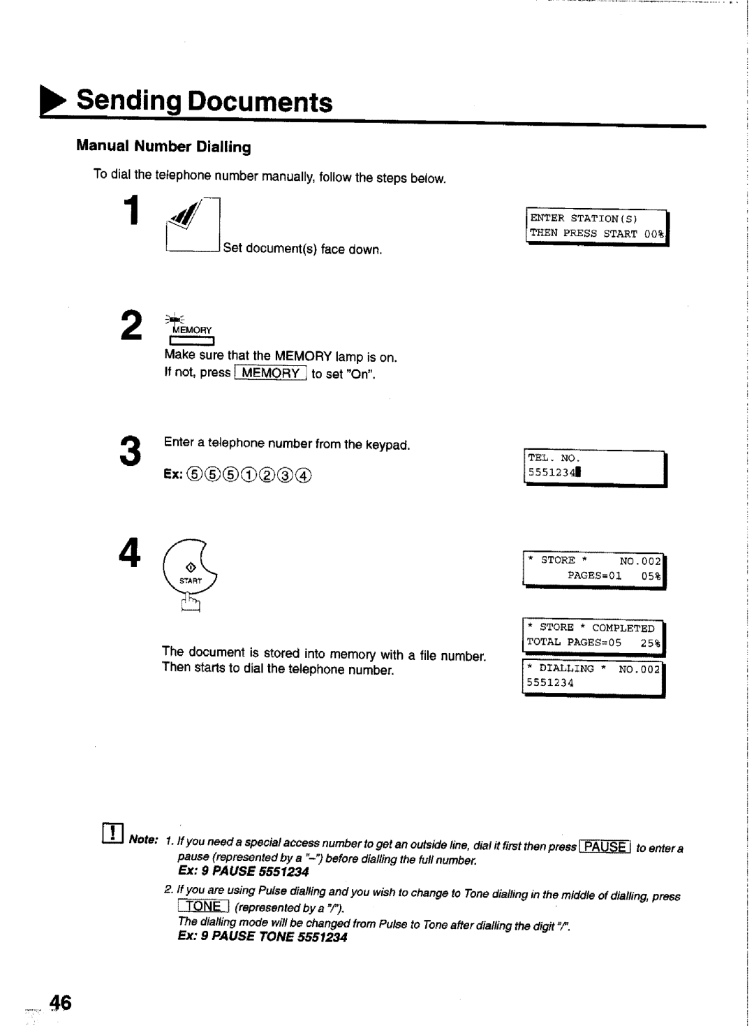 Panasonic UF-770 manual Manual Number Dialling, Document is stored into memory with a file number 