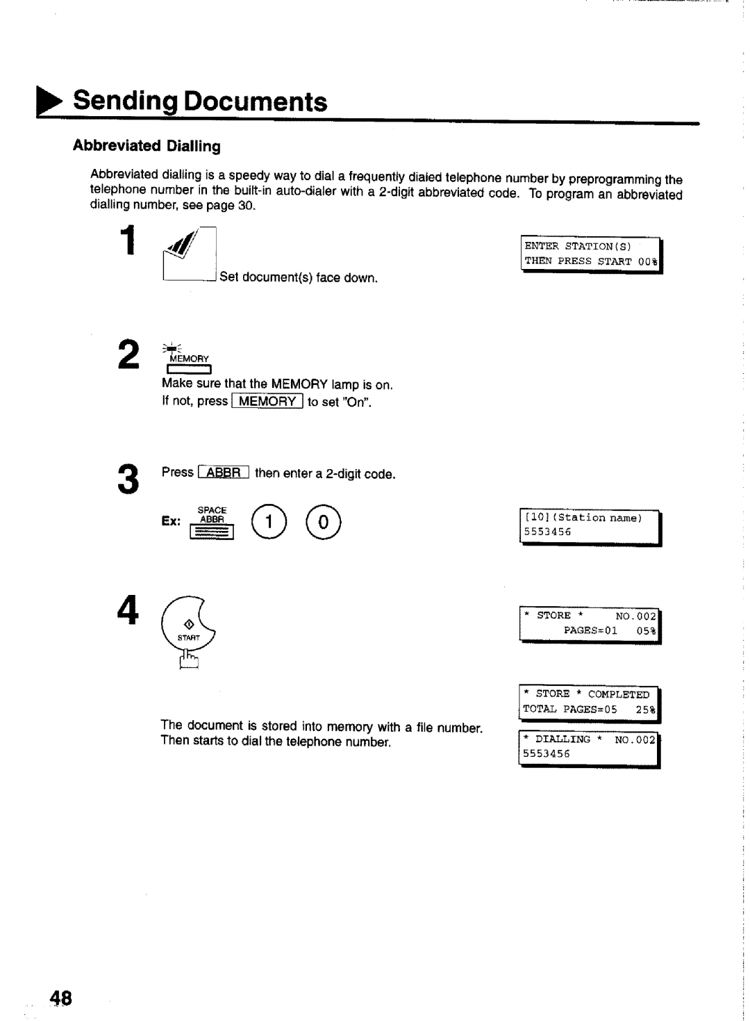 Panasonic UF-770 manual Abbreviated Dialling, Press Then enter a 2-digit code, TOTALPAGES=05 25%I 