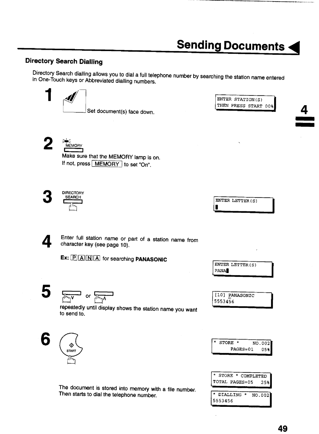 Panasonic UF-770 manual Sending Documents, Directory Search Dialling, Store * Completed T?TAL PAGES=05 25% 