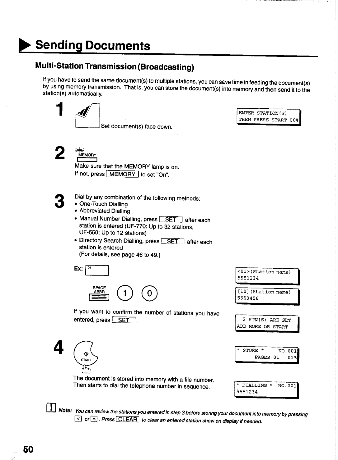 Panasonic UF-770 manual Multi-Station Transmission Broadcasting, Is stored into memory with a file number, Dialling 