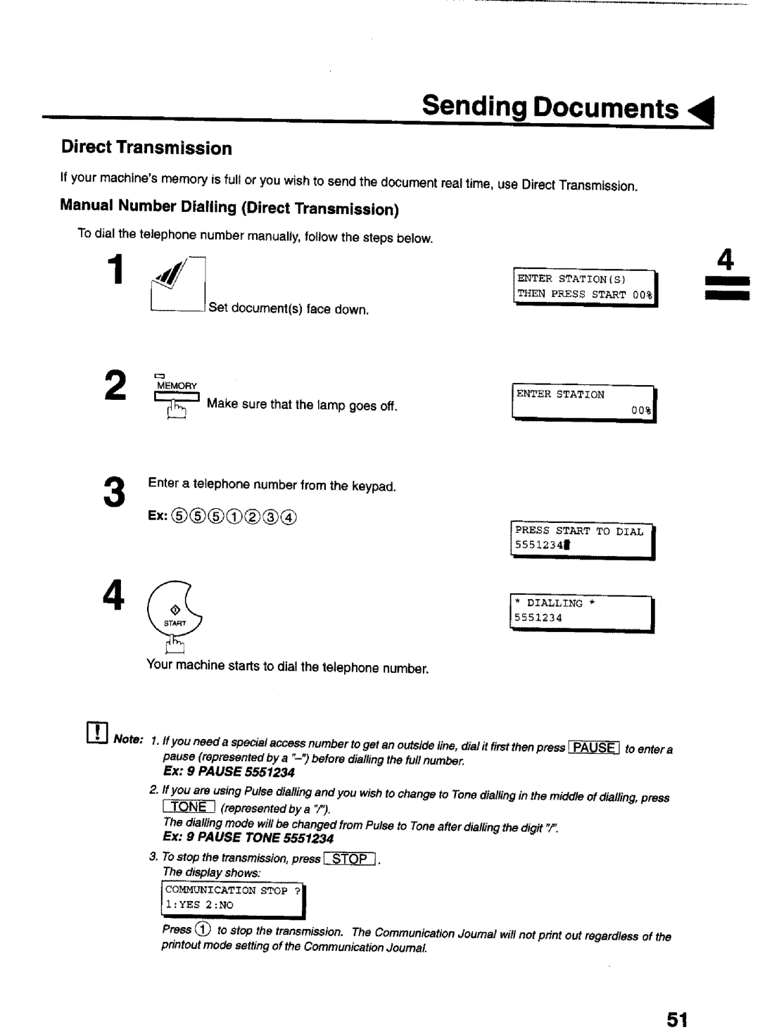 Panasonic UF-770 manual Manual Number Dialling Direct Transmission 