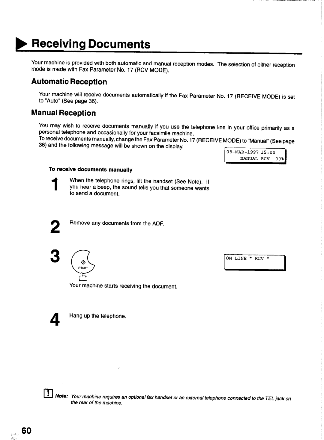 Panasonic UF-770 Receiving Documents, Automatic Reception, Manual Reception, Manual RCV, To receive documents manually 