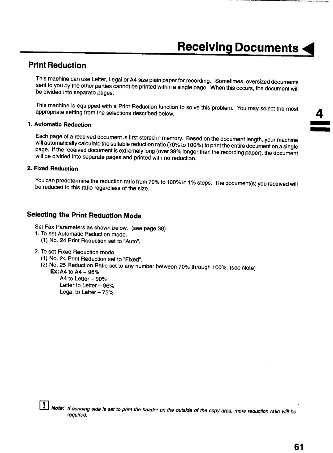 Panasonic UF-770 manual Selecting the Print Reduction Mode, Automatic Reduction, Fixed Reduction 