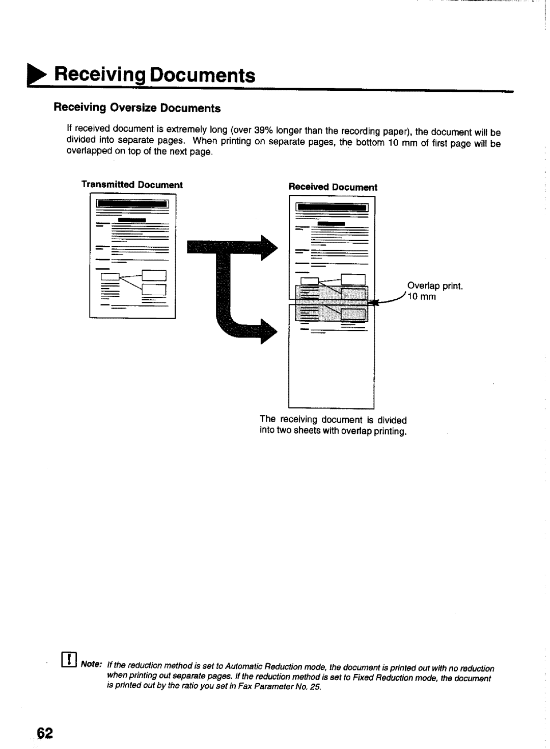 Panasonic UF-770 manual Receiving Oversize Documents, Transmitted Document Received Document Overlap print 10 mm 