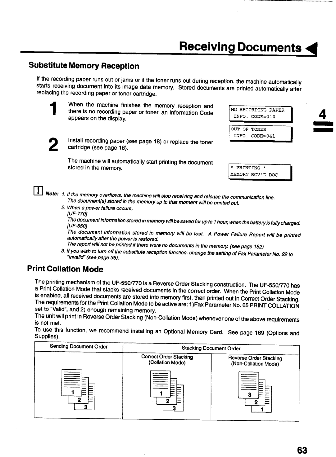 Panasonic UF-770 manual Receiving Documents, Substitute Memory Reception, Print Collation Mode, Recodzngpaper 