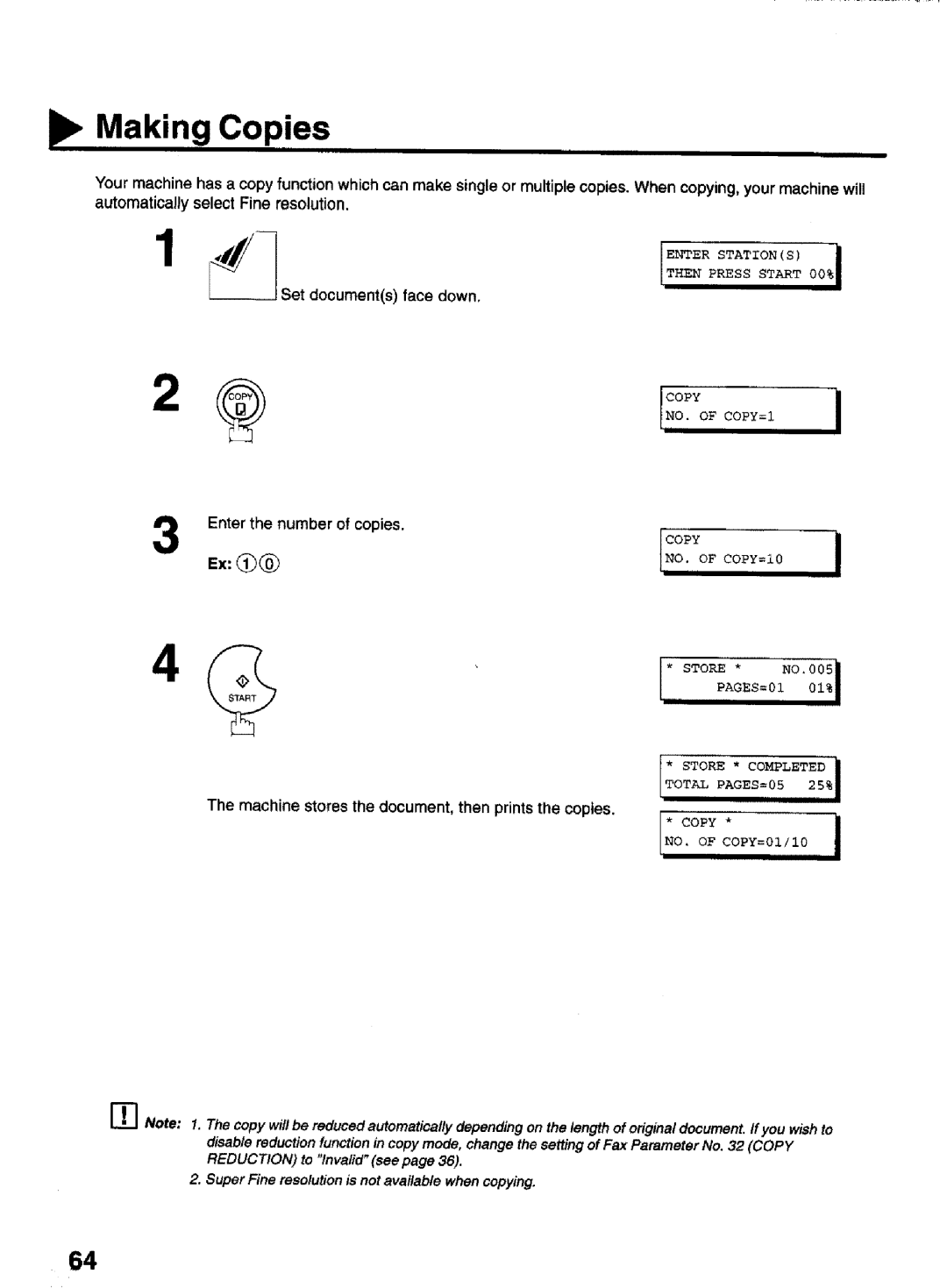 Panasonic UF-770 manual Making Copies, Machine stores the document, then prints the copies, Sore 