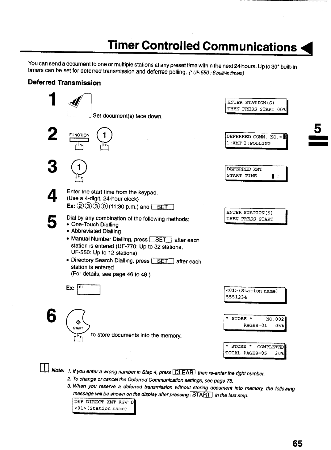 Panasonic UF-770 Timer Controlled Communications, Deferred Transmission, Enter the start time from the keypad, Hour clock 