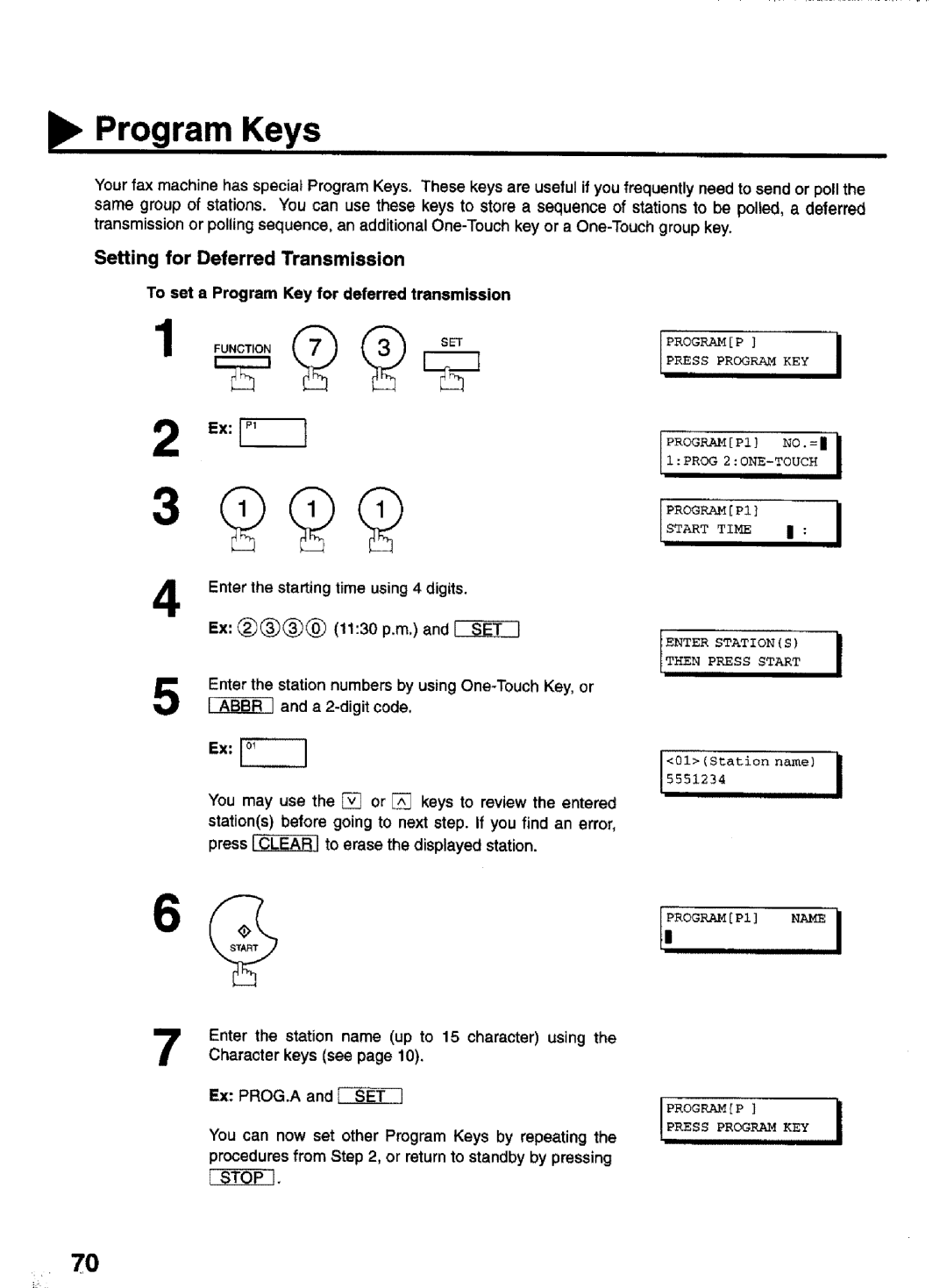 Panasonic UF-770 manual Program KeYs, Setting for Deferred Transmission, To set a Program Key for deferred transmission 