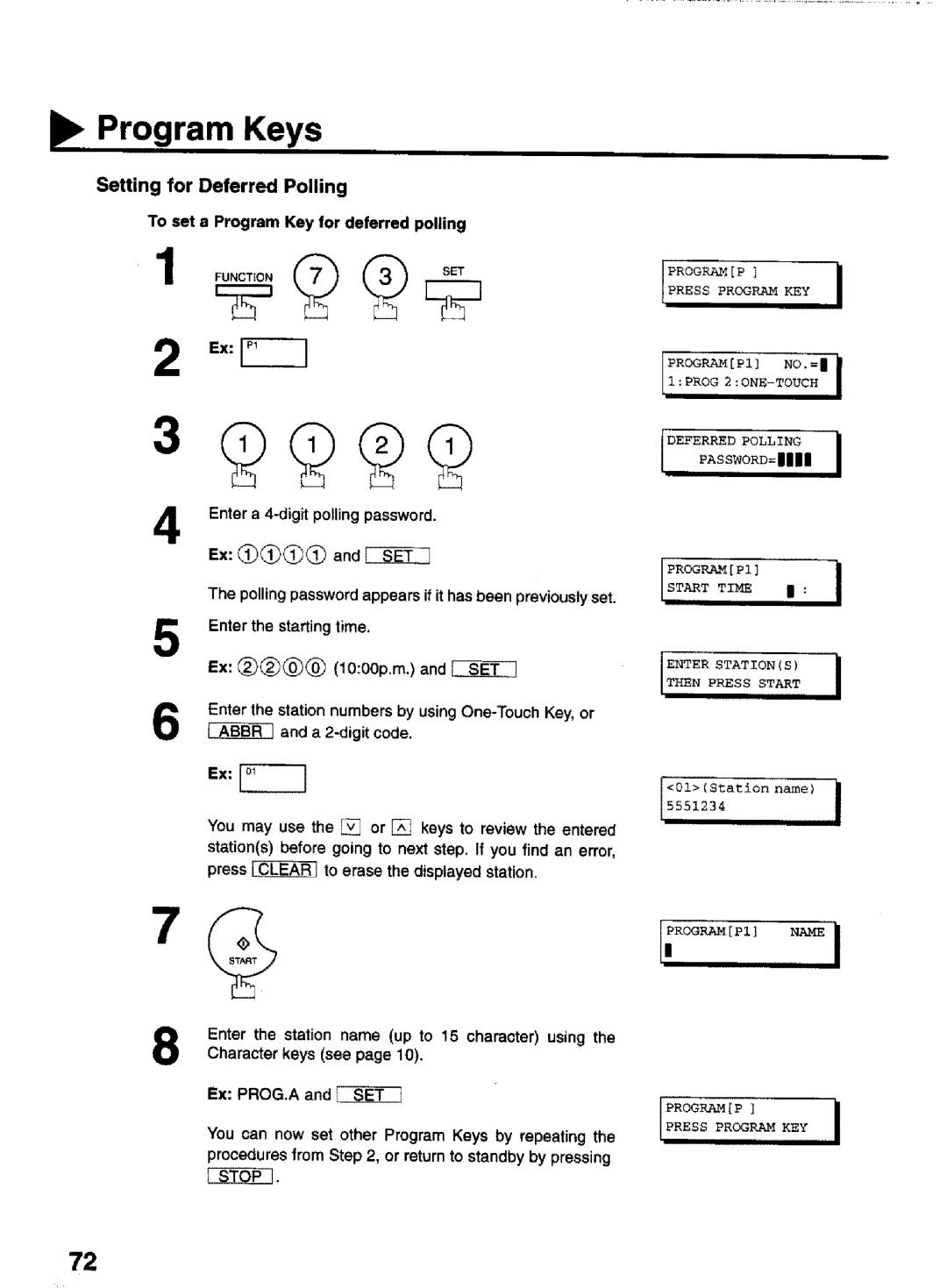 Panasonic UF-770 manual Program Keys, Setting for Deferred Polling, To set a Program Key for deferred polling, Ex 1000p.m 