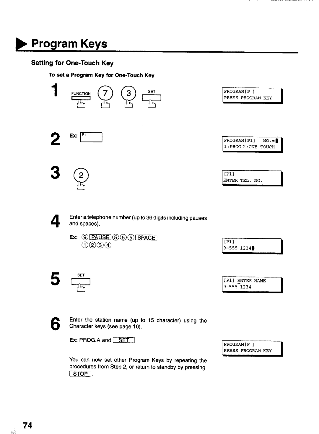 Panasonic UF-770 manual Setting for One-Touch Key, To set a Program Key for One-Touch Key, PI Enter Name, Ex PROG.A 