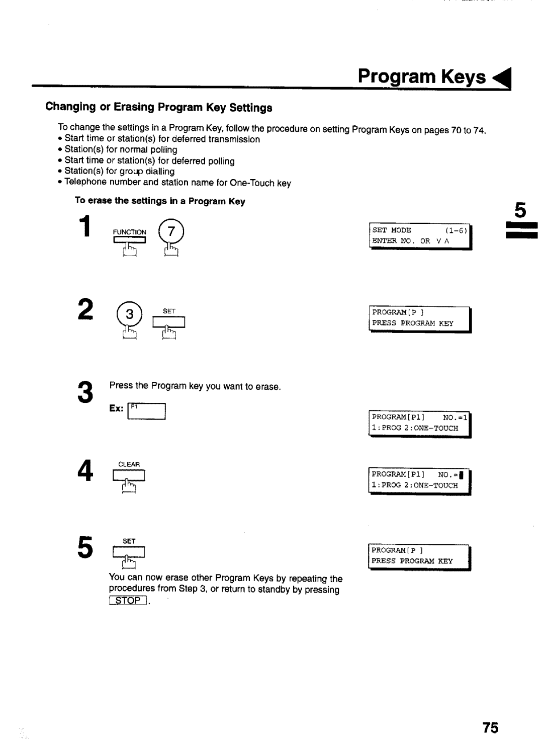 Panasonic UF-770 manual Changing or Erasing Program Key Settings, To erase the settings in a Program Key 