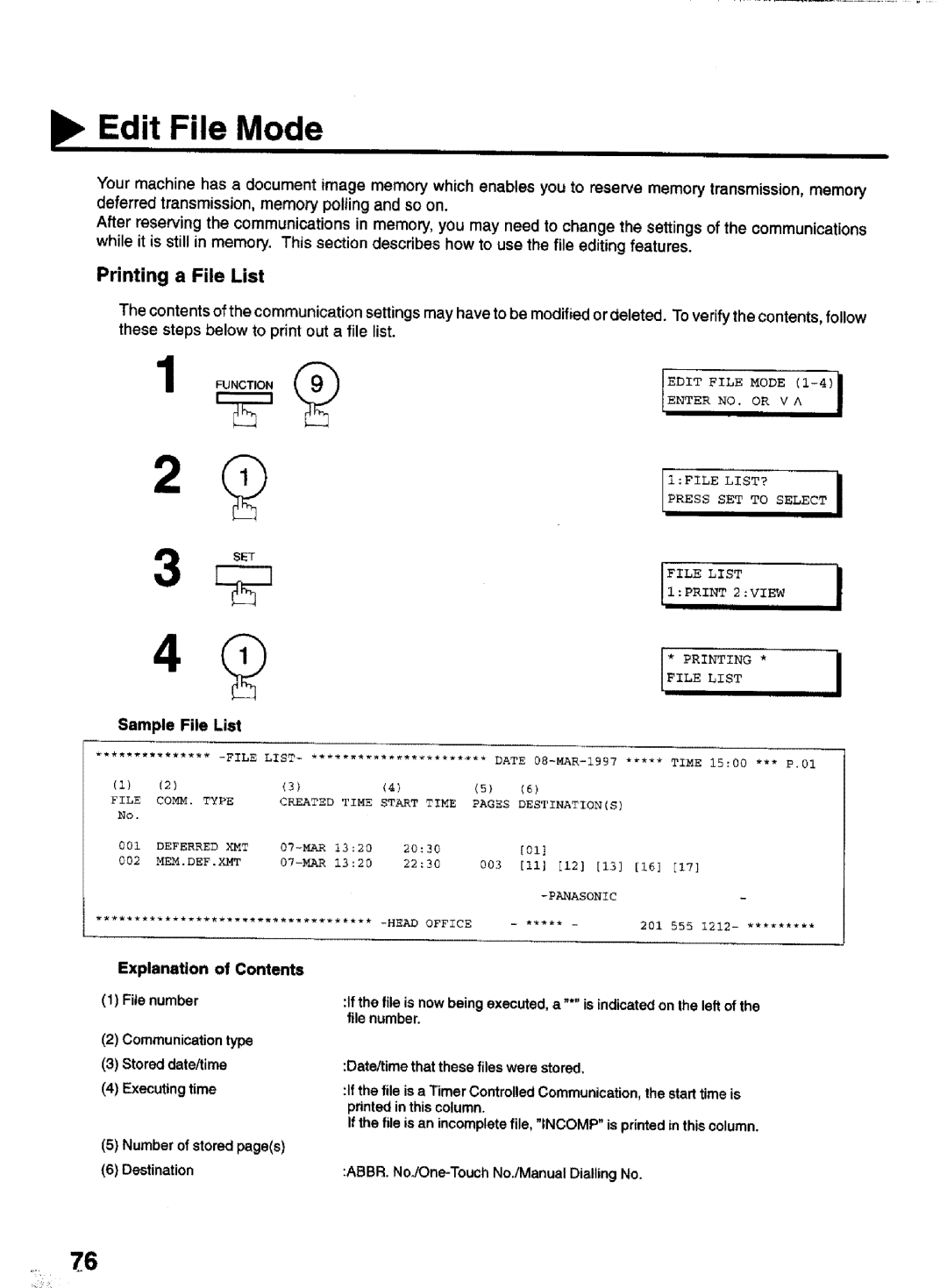 Panasonic UF-770 manual Edit File Mode, Printing a File List, Sample File List, Explanation of Contents File number 