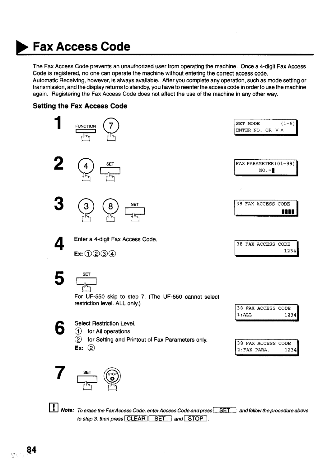 Panasonic UF-770 Setting the Fax Access Code, Illl, FAX Access Code, For Setting and Printout of Fax Parameters only 