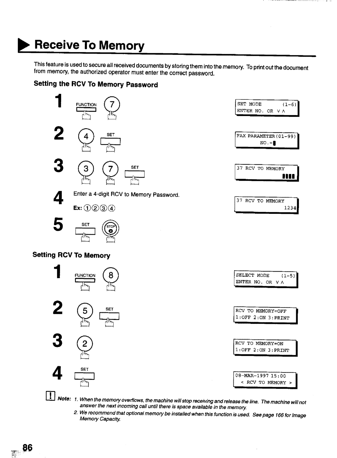 Panasonic UF-770 manual Receive To Memory, Setting the RCV To Memory Password, Setting RCV To Memory 