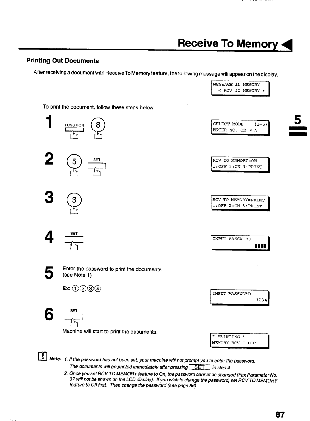 Panasonic UF-770 manual Printing Out Documents, Entersee Notethe password1 to print the documents 