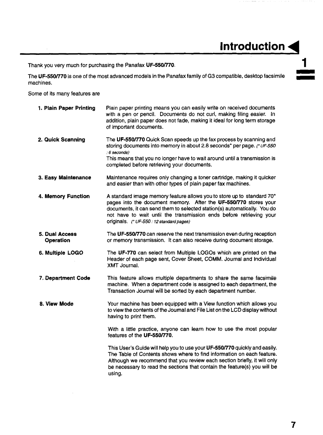 Panasonic UF-770 manual Introduction 